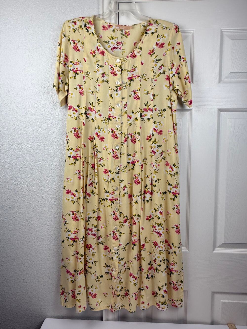 LA CERA Yellow Floral Button Front Midi Dress Cottagecore Size L